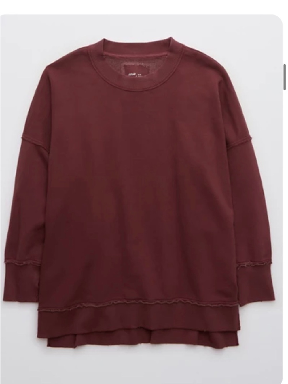 aerie Oversized Raw-Hem Crewneck Sweatshirt in Burgundy
